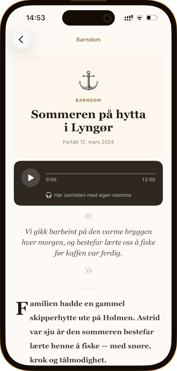 Et kapittel i Memry-appen med lydavspiller og transkribert historie