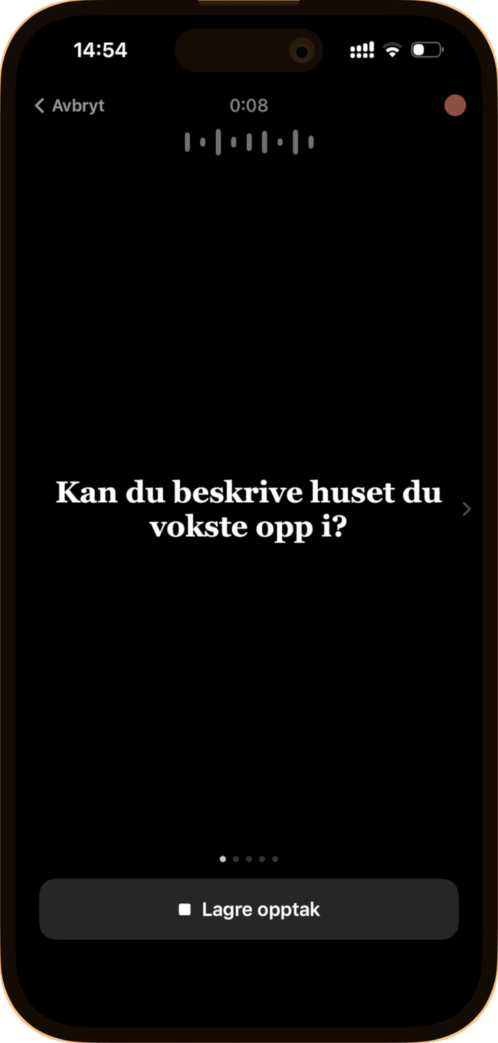 Opptak i Memry-appen med spørsmålet «Kan du beskrive huset du vokste opp i?»